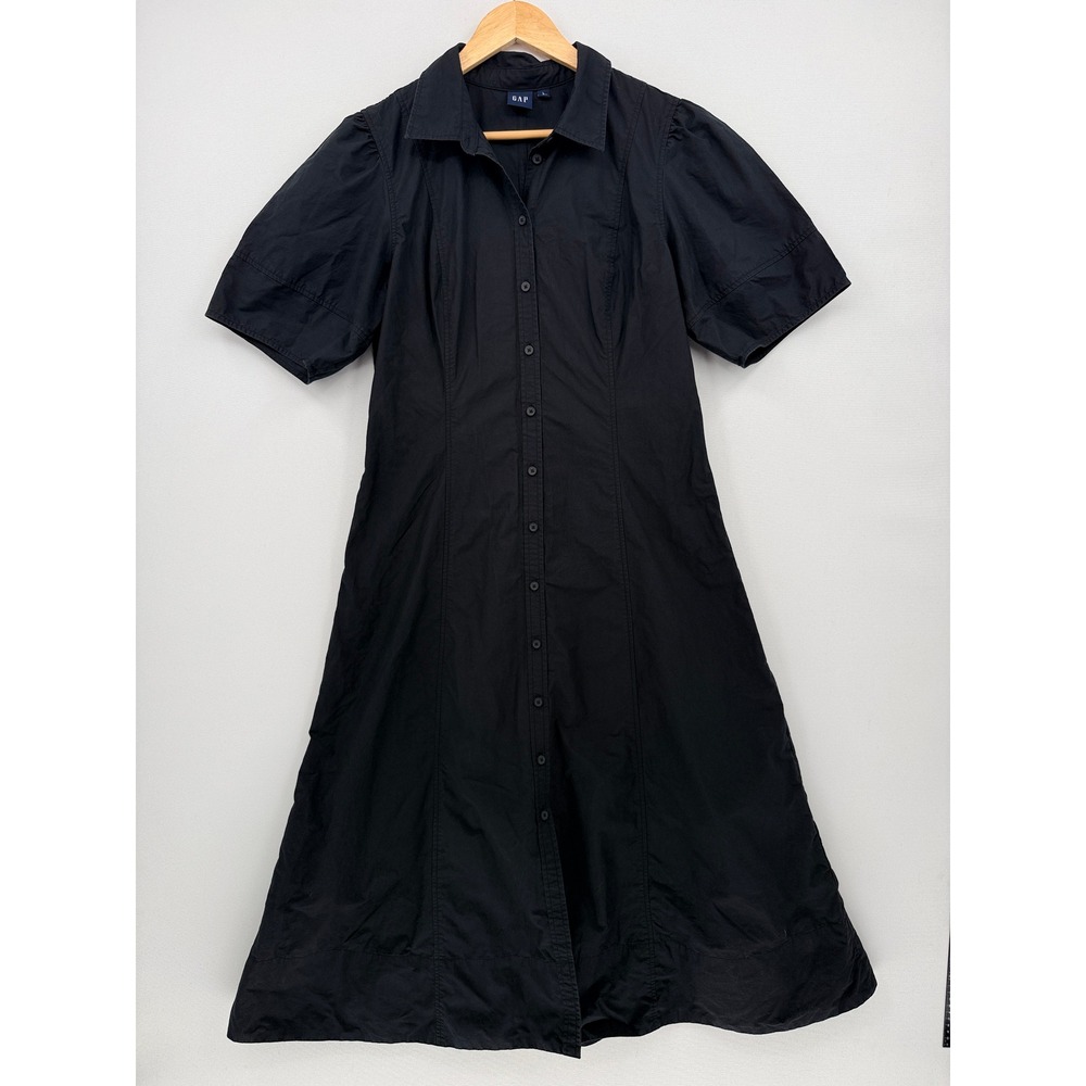 Gap Shirt Dress Women Large Black Short Puff Sleeve Button Down Preppy Minimal